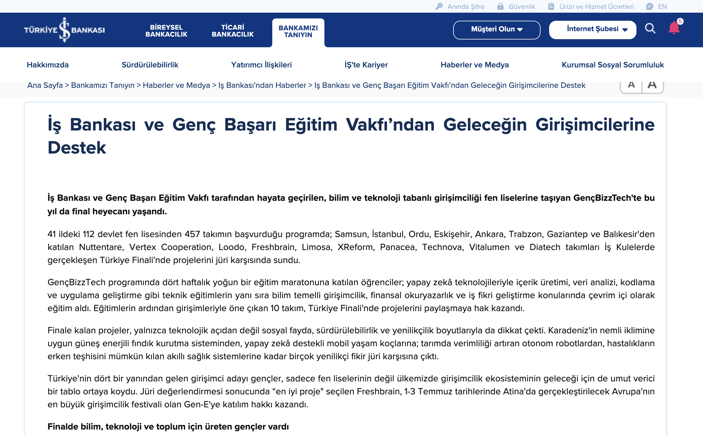 İş Bankası ve Genç Başarı Eğitim Vakfı’ndan Geleceğin Girişimcilerine Destek